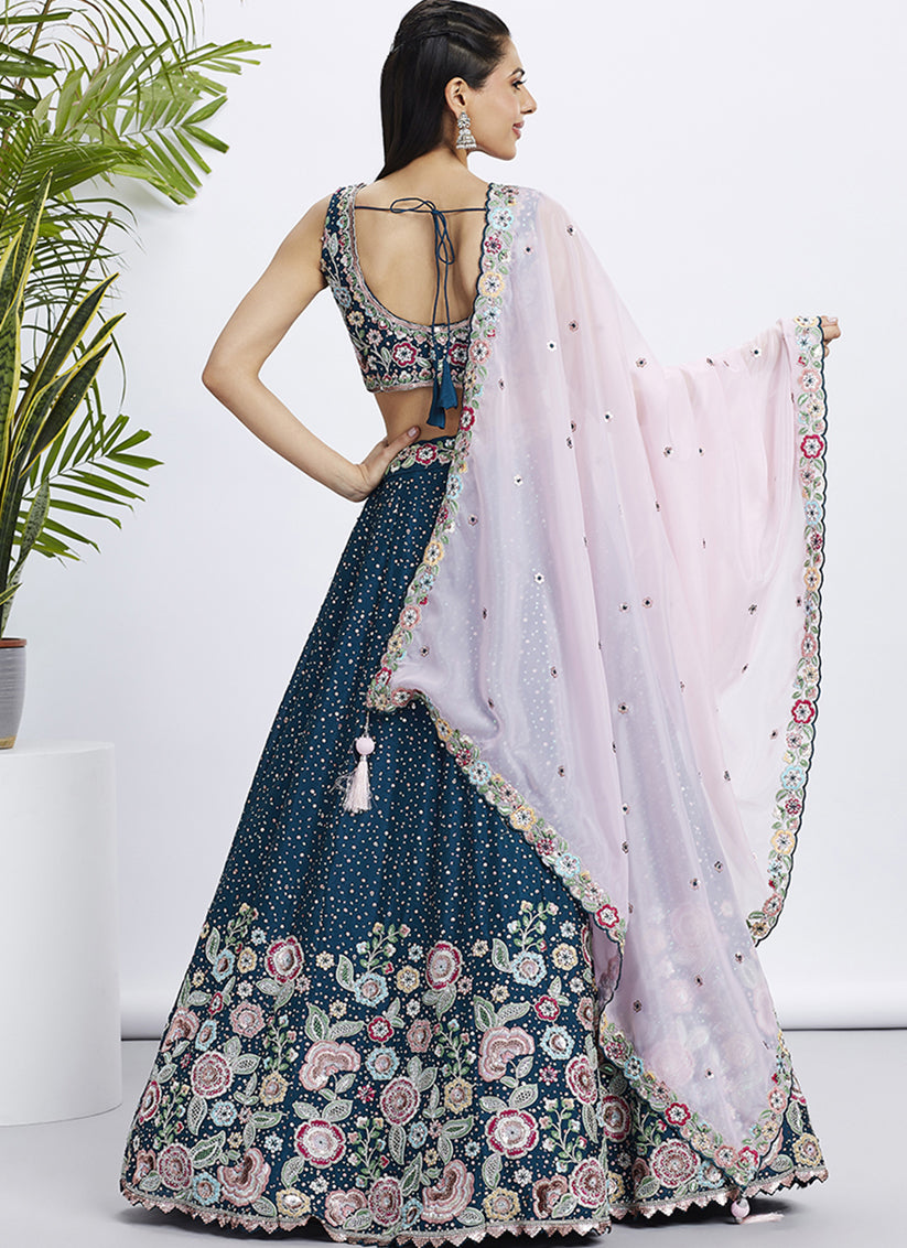 Navy Blue Faux Chiffon Embroidered Designer Lehenga Choli