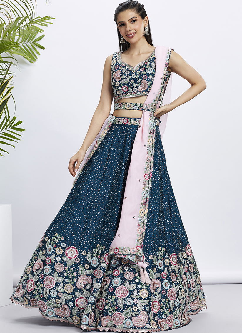 Navy Blue Faux Chiffon Embroidered Designer Lehenga Choli