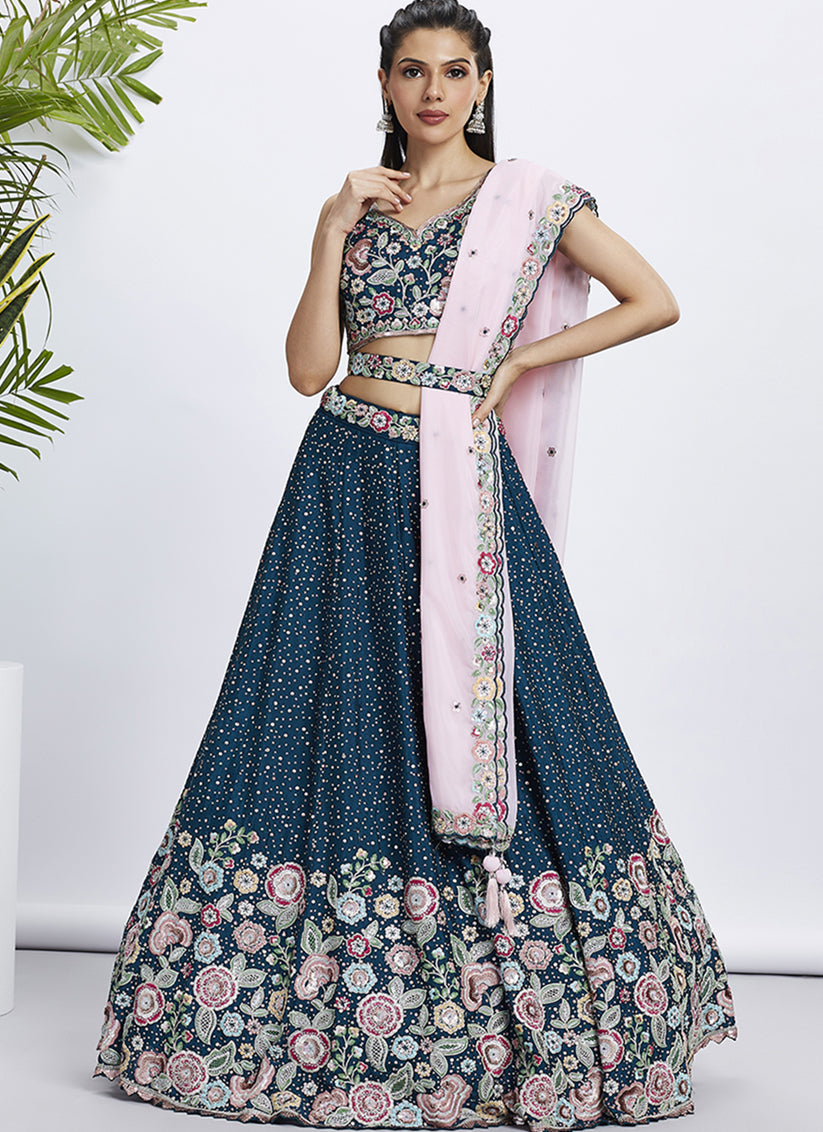 Navy Blue Faux Chiffon Embroidered Designer Lehenga Choli