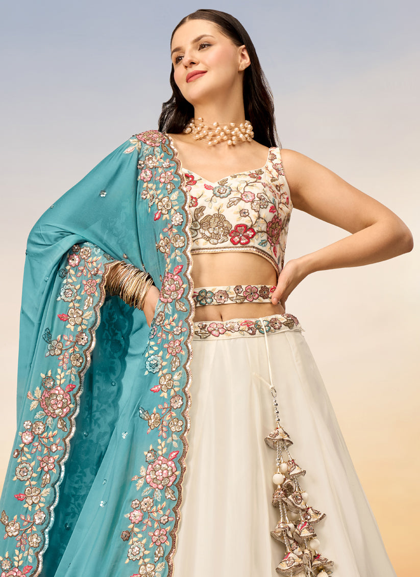 Ivory Faux Georgette Embroidered Designer Lehenga Choli