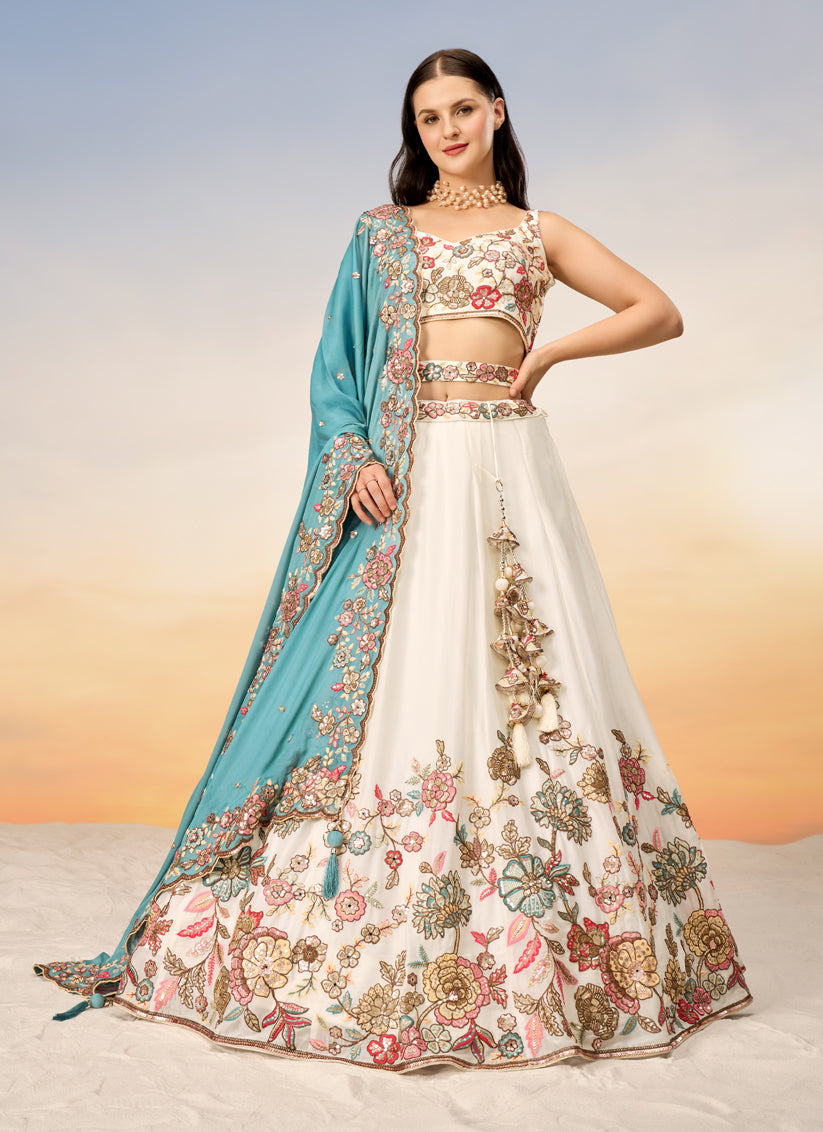 Ivory Faux Georgette Embroidered Designer Lehenga Choli