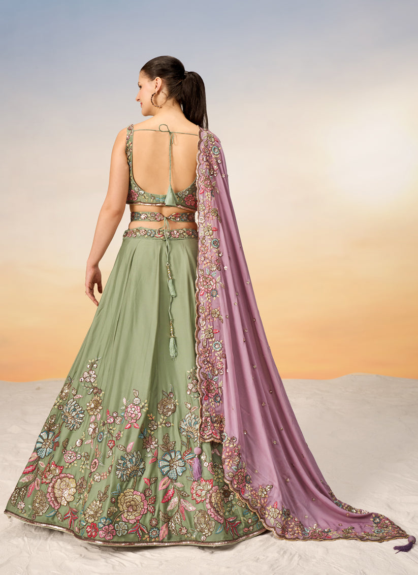 Sage Green Faux Georgette Embroidered Designer Lehenga Choli