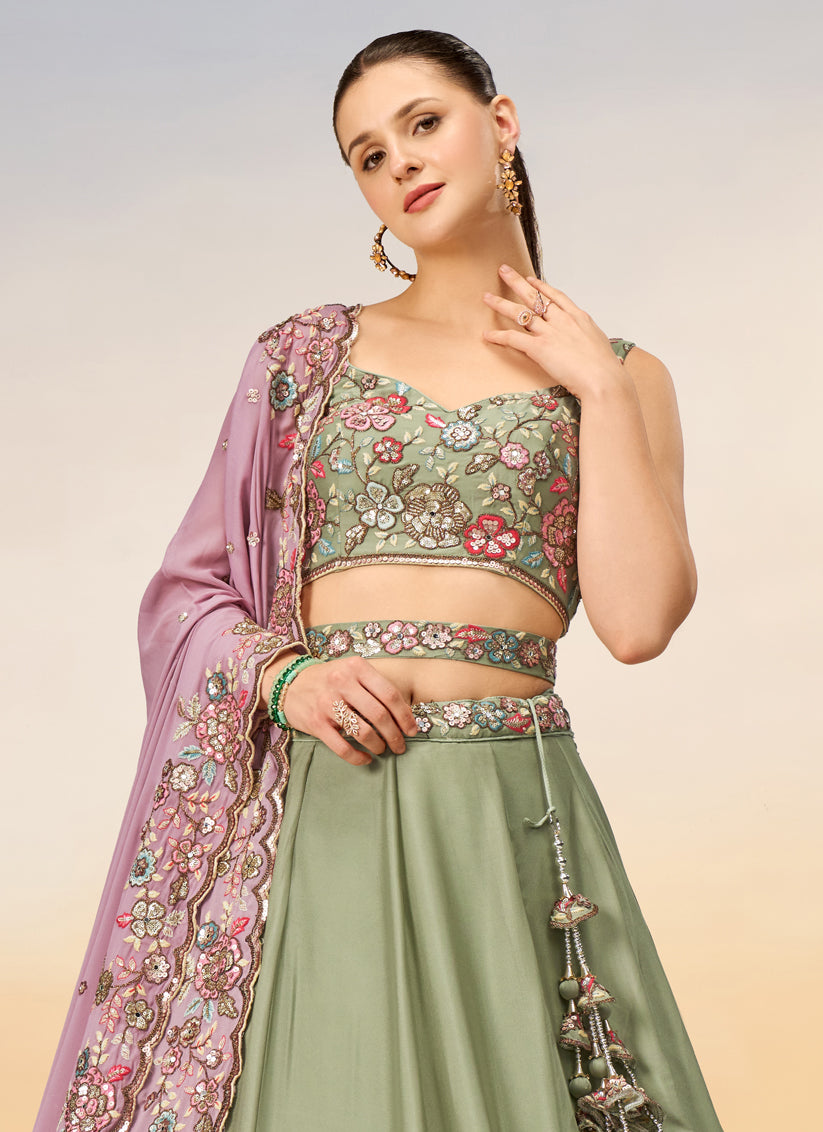 Sage Green Faux Georgette Embroidered Designer Lehenga Choli