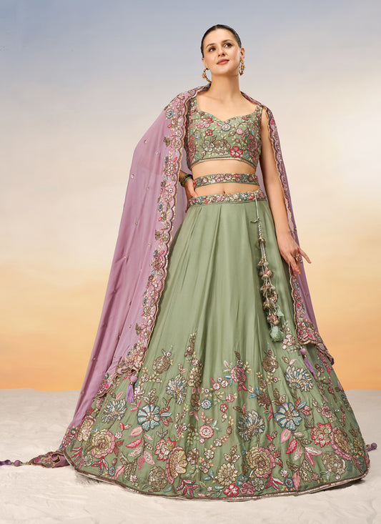 Sage Green Faux Georgette Embroidered Designer Lehenga Choli