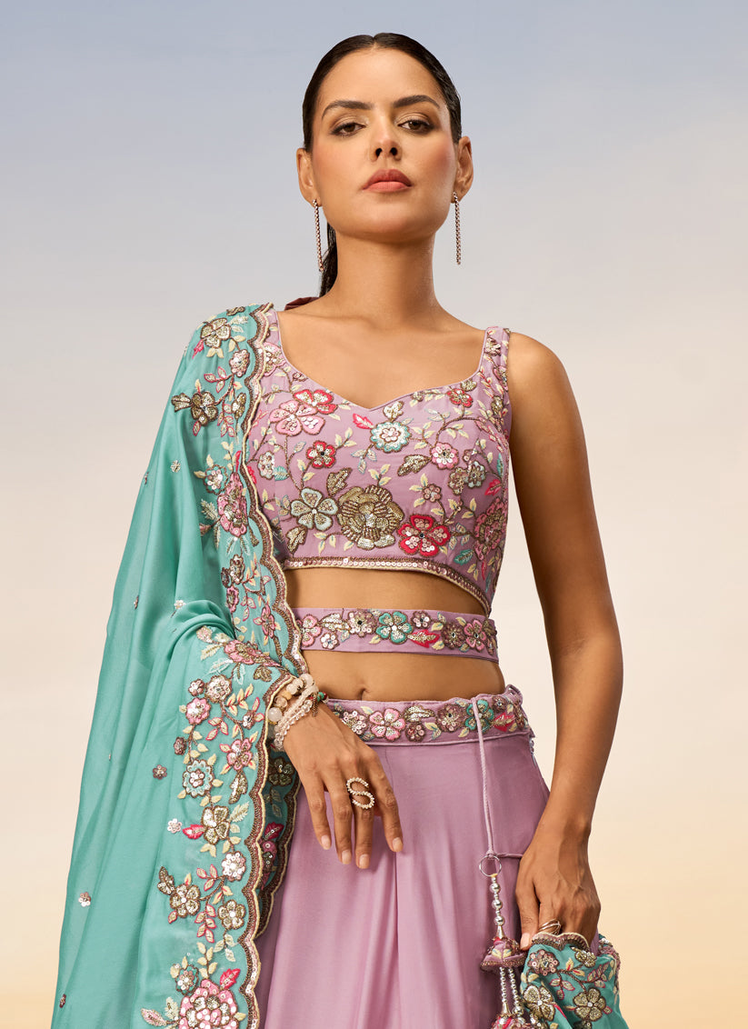 Lilac Pink Faux Georgette Embroidered Designer Lehenga Choli