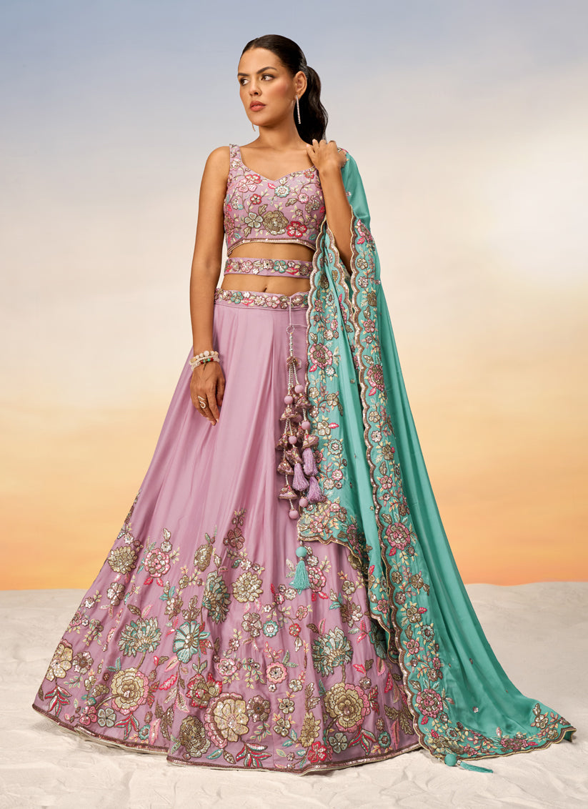 Lilac Pink Faux Georgette Embroidered Designer Lehenga Choli