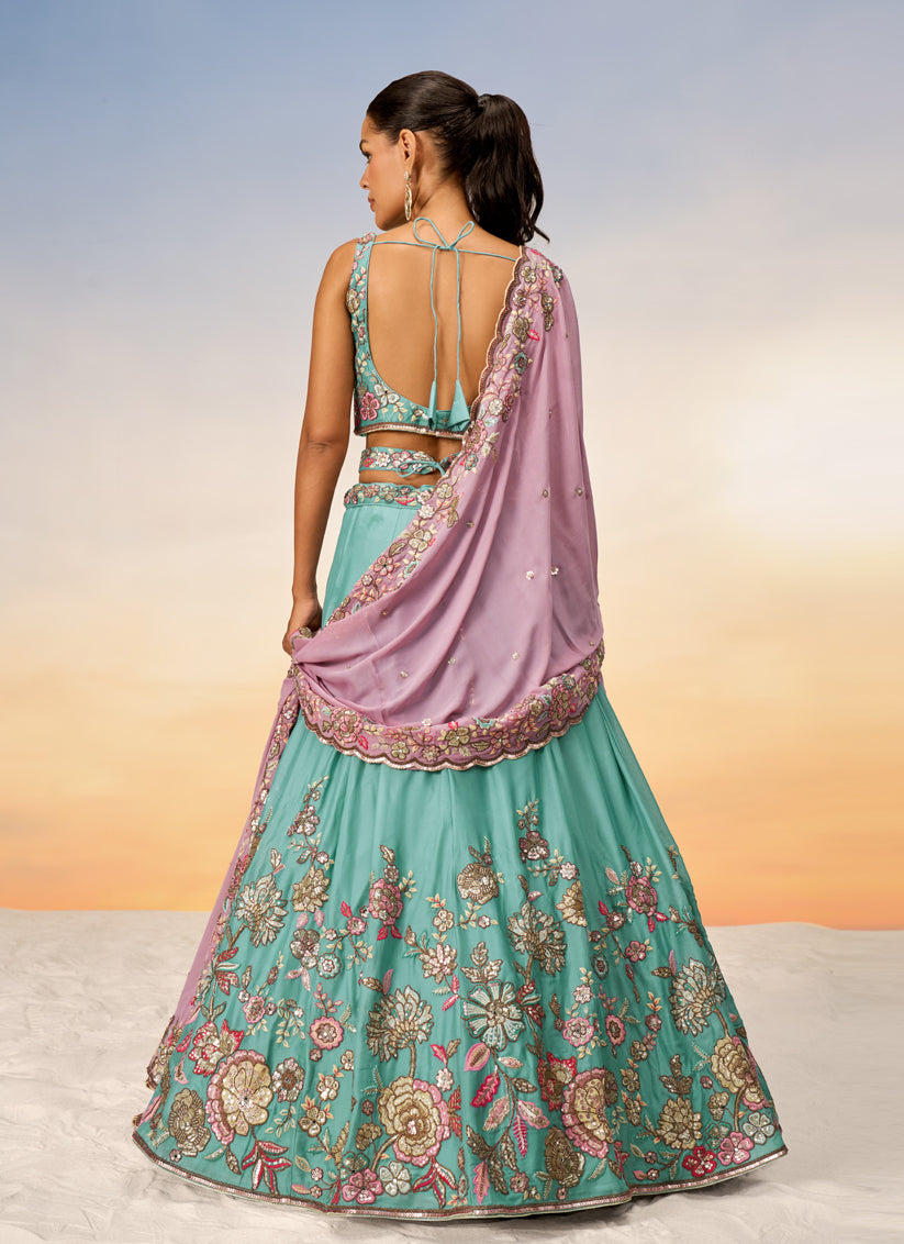 Mint Blue Faux Georgette Embroidered Designer Lehenga Choli