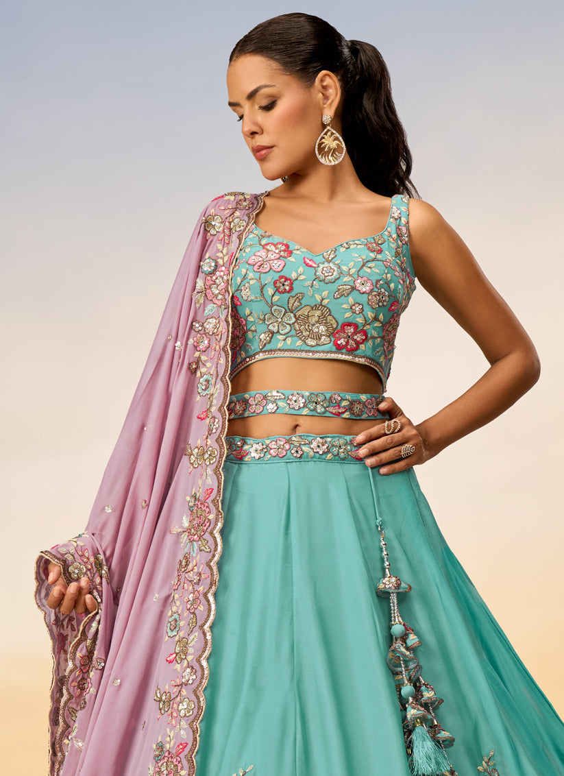 Mint Blue Faux Georgette Embroidered Designer Lehenga Choli