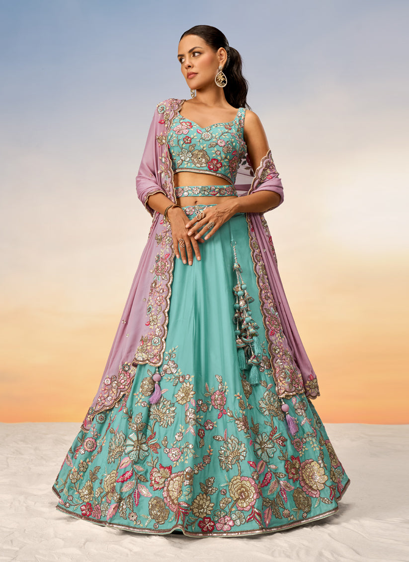 Mint Blue Faux Georgette Embroidered Designer Lehenga Choli