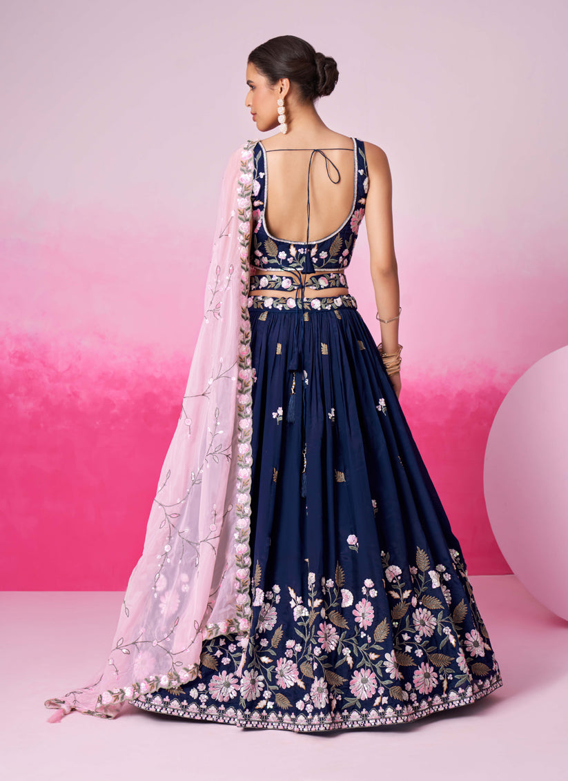 Navy Blue Satin Embroidered Designer Lehenga Choli