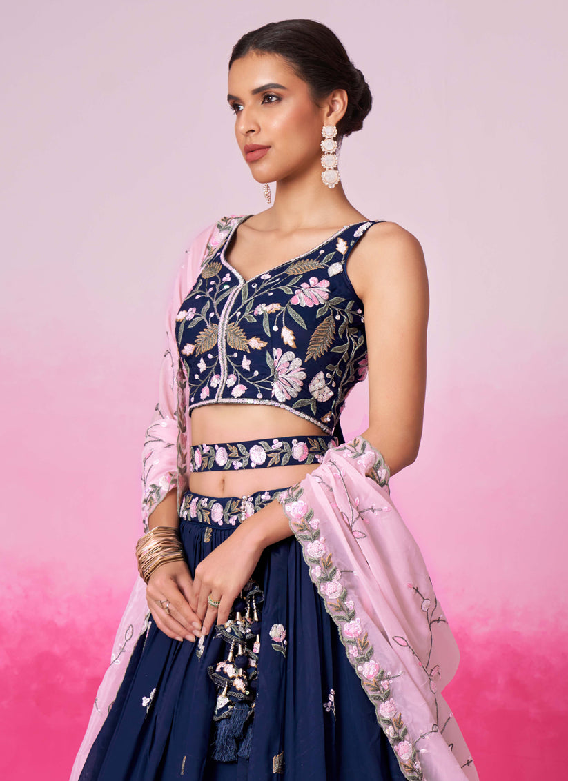 Navy Blue Satin Embroidered Designer Lehenga Choli