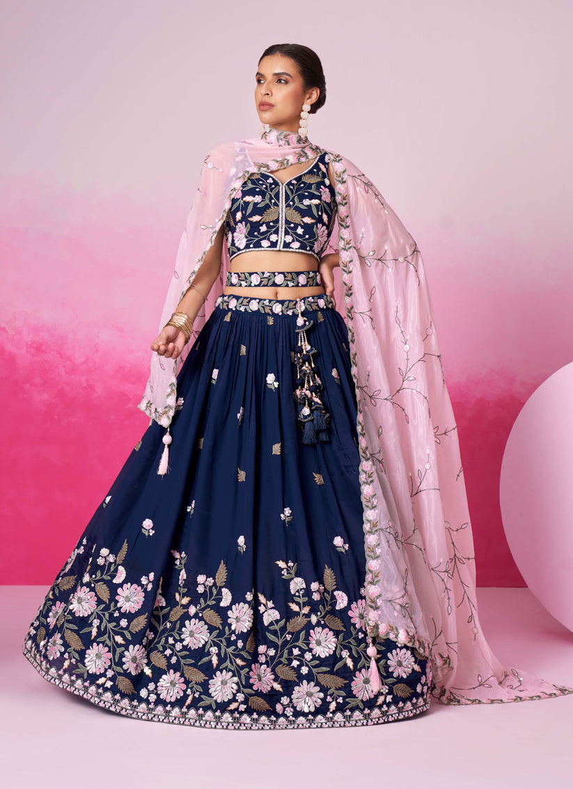 Navy Blue Satin Embroidered Designer Lehenga Choli