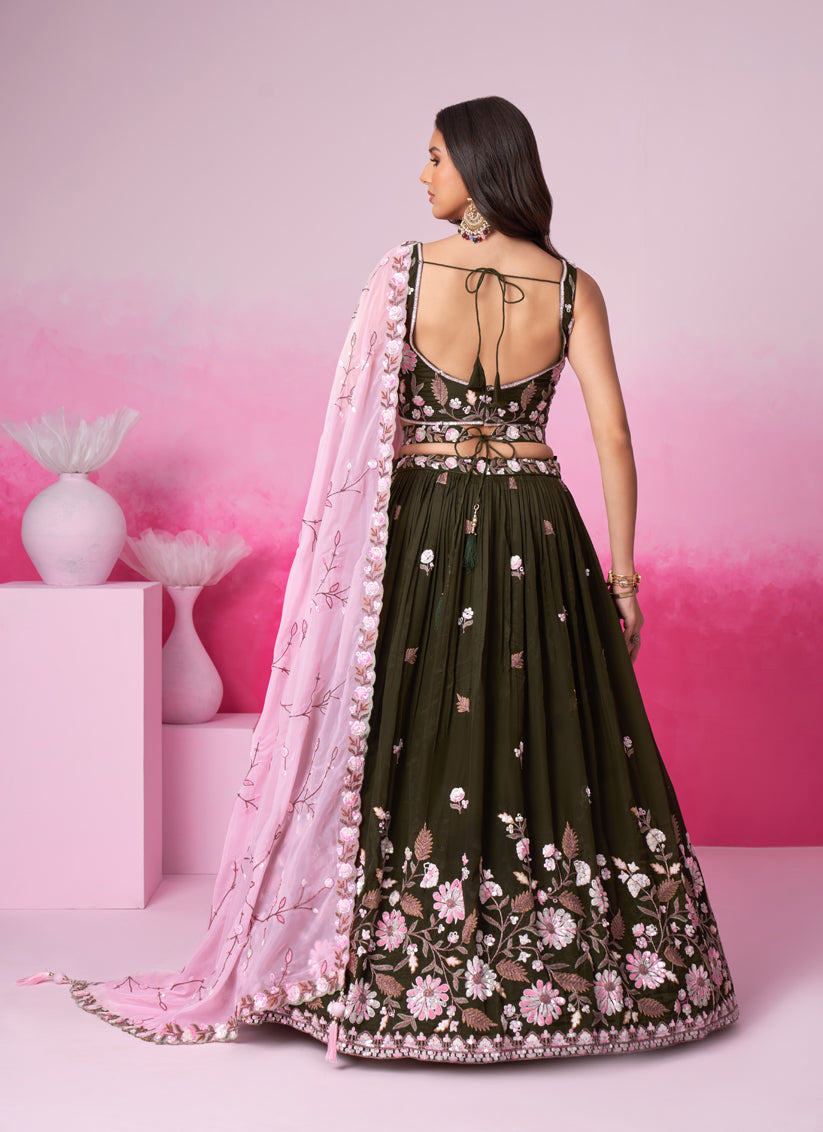 Mehendi Green Satin Embroidered Designer Lehenga Choli