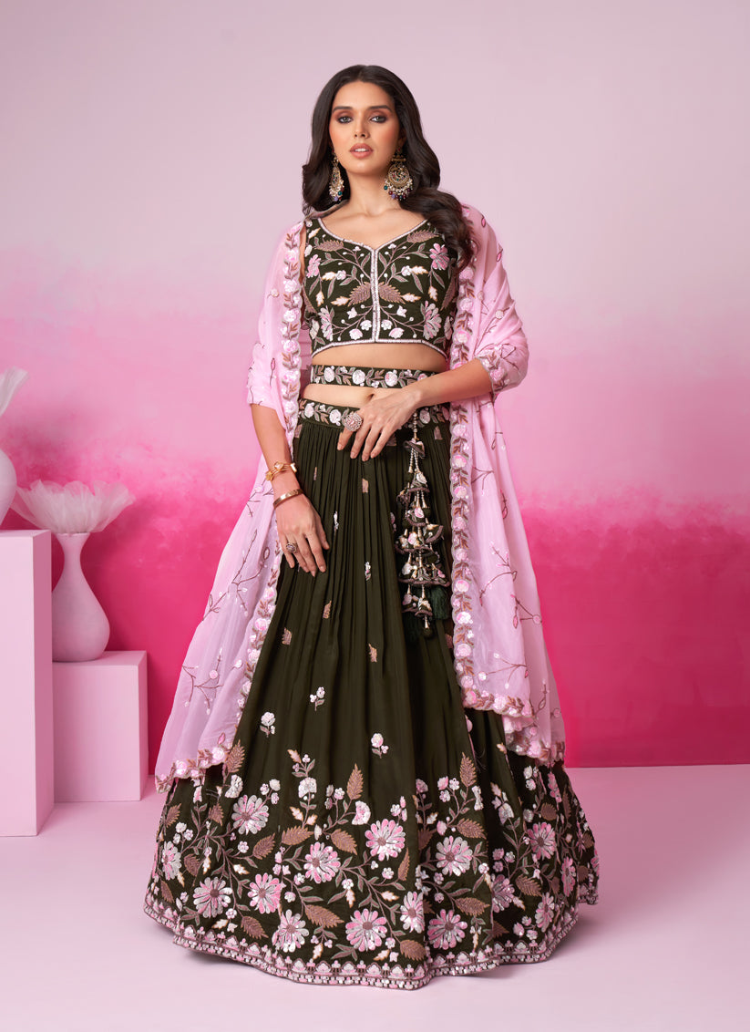 Mehendi Green Satin Embroidered Designer Lehenga Choli