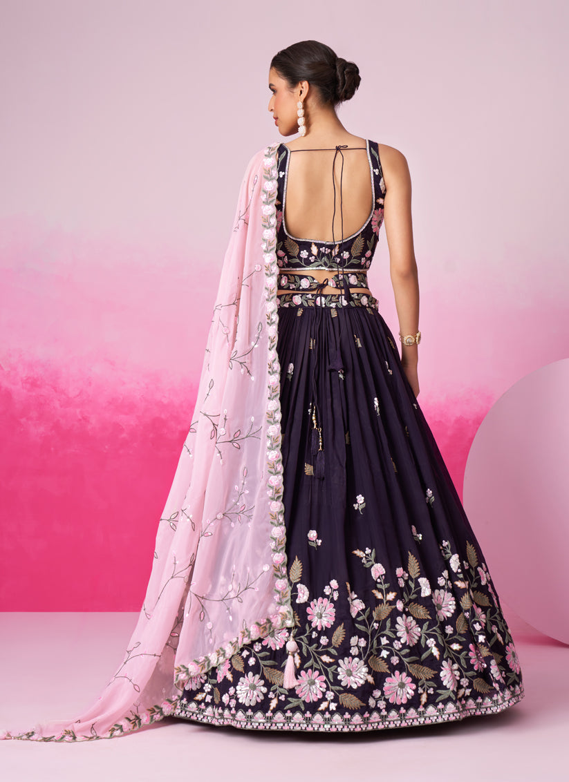 Eggplant Satin Embroidered Designer Lehenga Choli