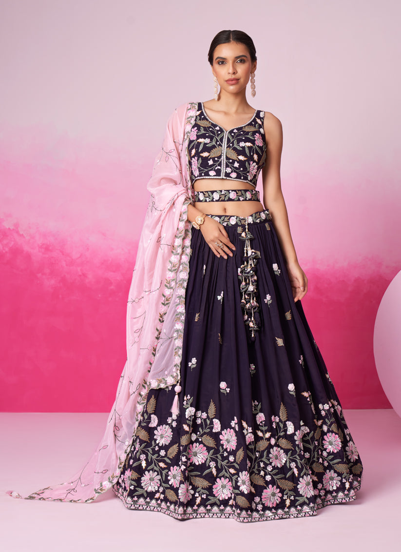 Eggplant Satin Embroidered Designer Lehenga Choli