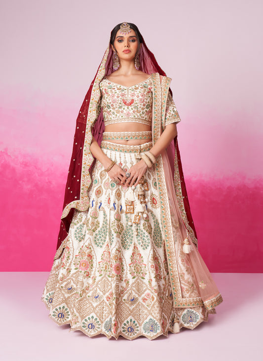 Off White Silk Embroidered Designer Bridal Lehenga Choli