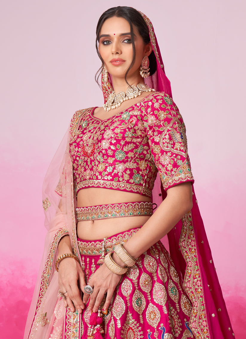 Rani Pink Silk Embroidered Designer Bridal Lehenga Choli