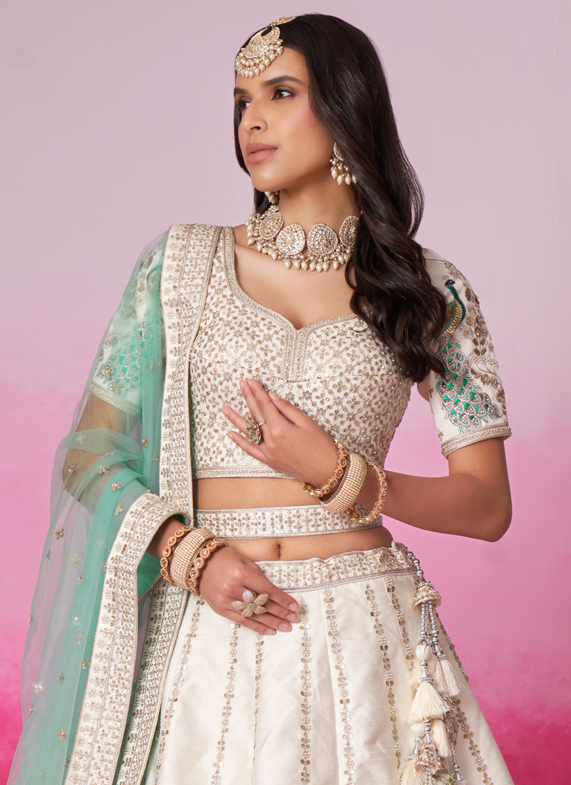 Off White Silk Embroidered Designer Lehenga Choli