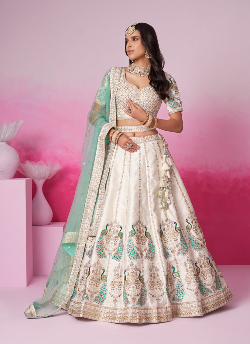 Off White Silk Embroidered Designer Lehenga Choli