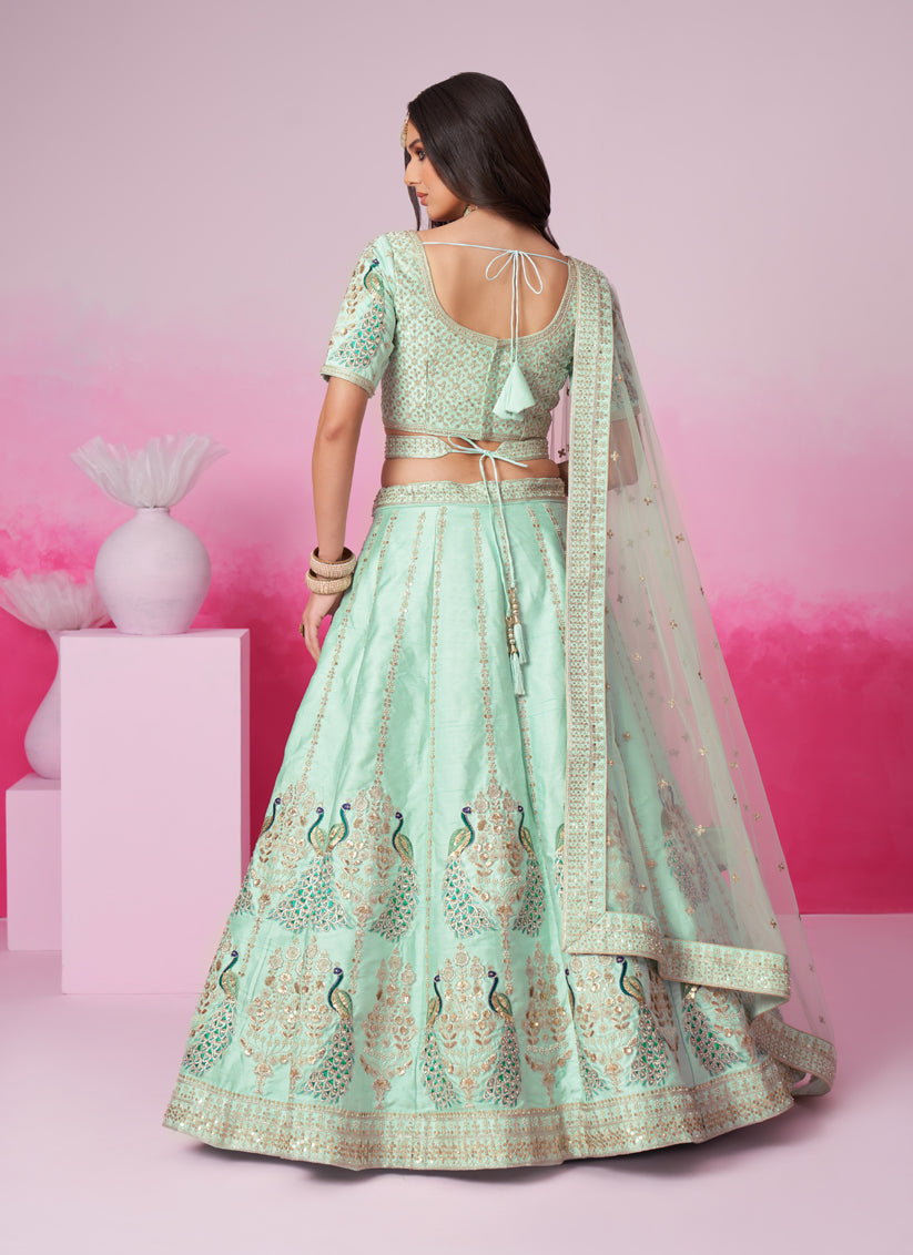 Turquoise Silk Embroidered Designer Lehenga Choli