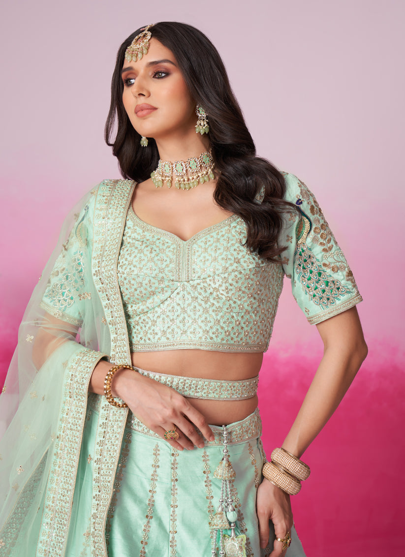 Turquoise Silk Embroidered Designer Lehenga Choli