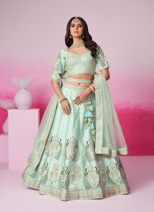 Turquoise Silk Embroidered Designer Lehenga Choli