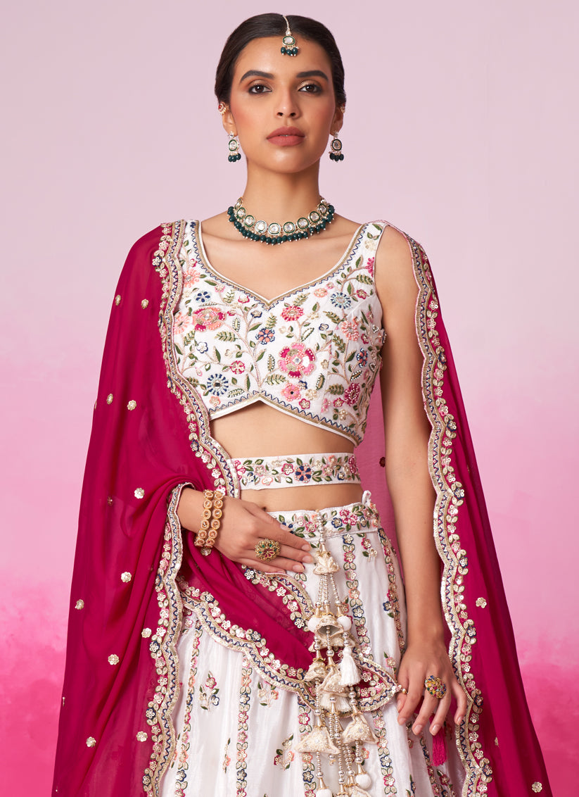 Pearl White Faux Georgette Embroidered Designer Lehenga Choli