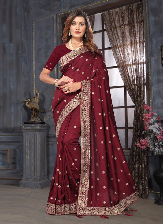 Maroon Silk Georgette Embroidered Saree