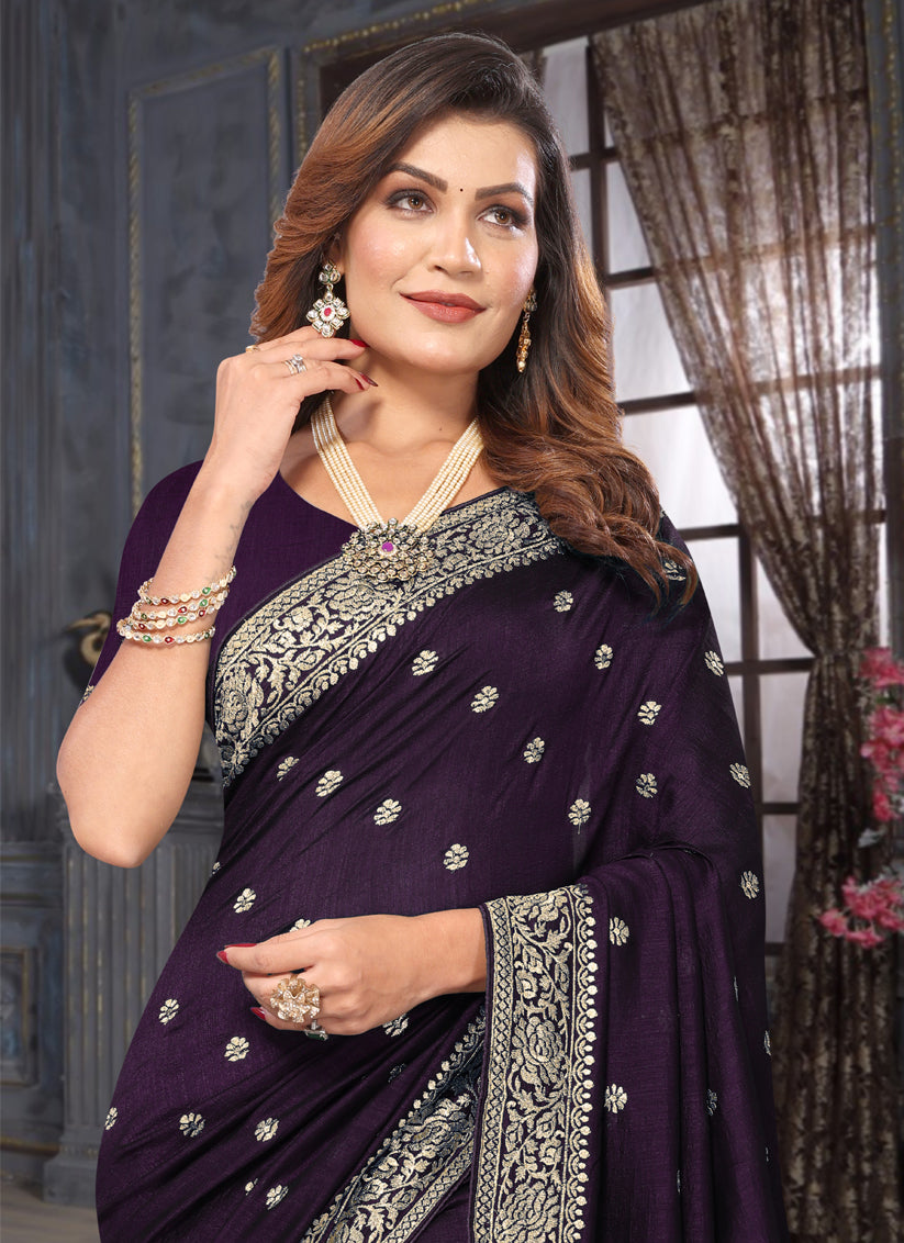 Eggplant Silk Georgette Embroidered Saree