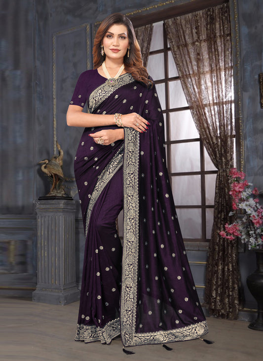 Eggplant Silk Georgette Embroidered Saree