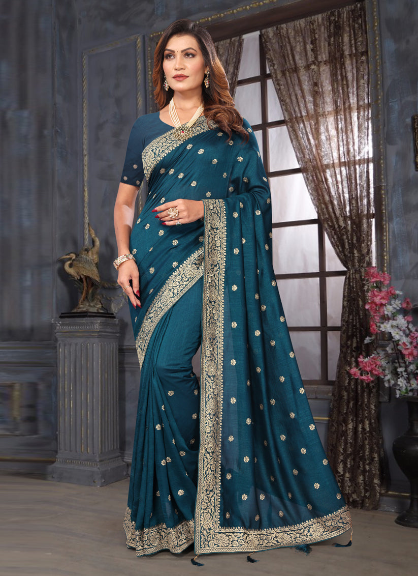 Peacock Blue Silk Georgette Embroidered Saree