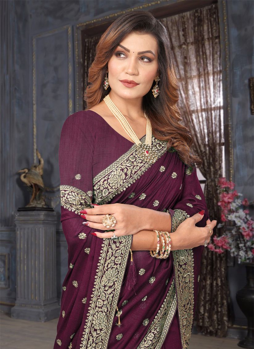 Burgundy Silk Georgette Embroidered Saree