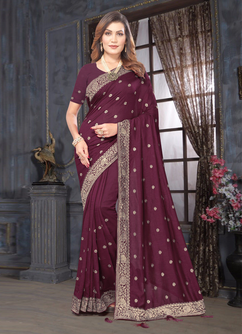 Burgundy Silk Georgette Embroidered Saree