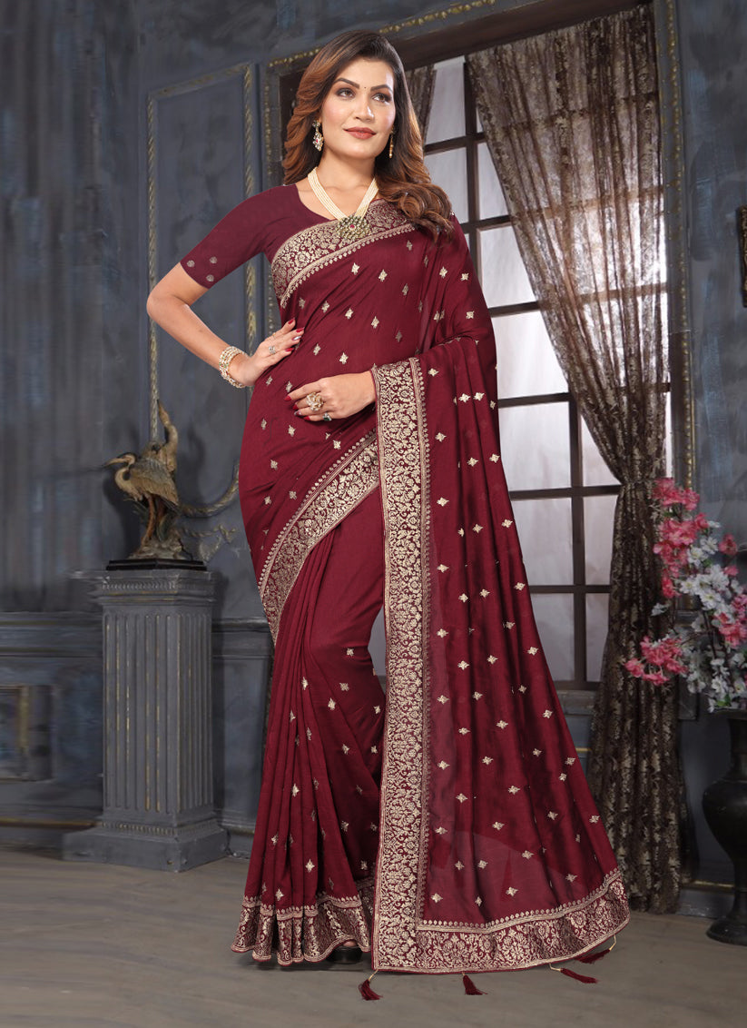 Maroon Silk Georgette Embroidered Saree