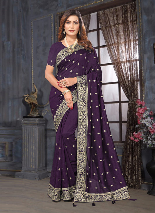 Eggplant Silk Georgette Embroidered Saree