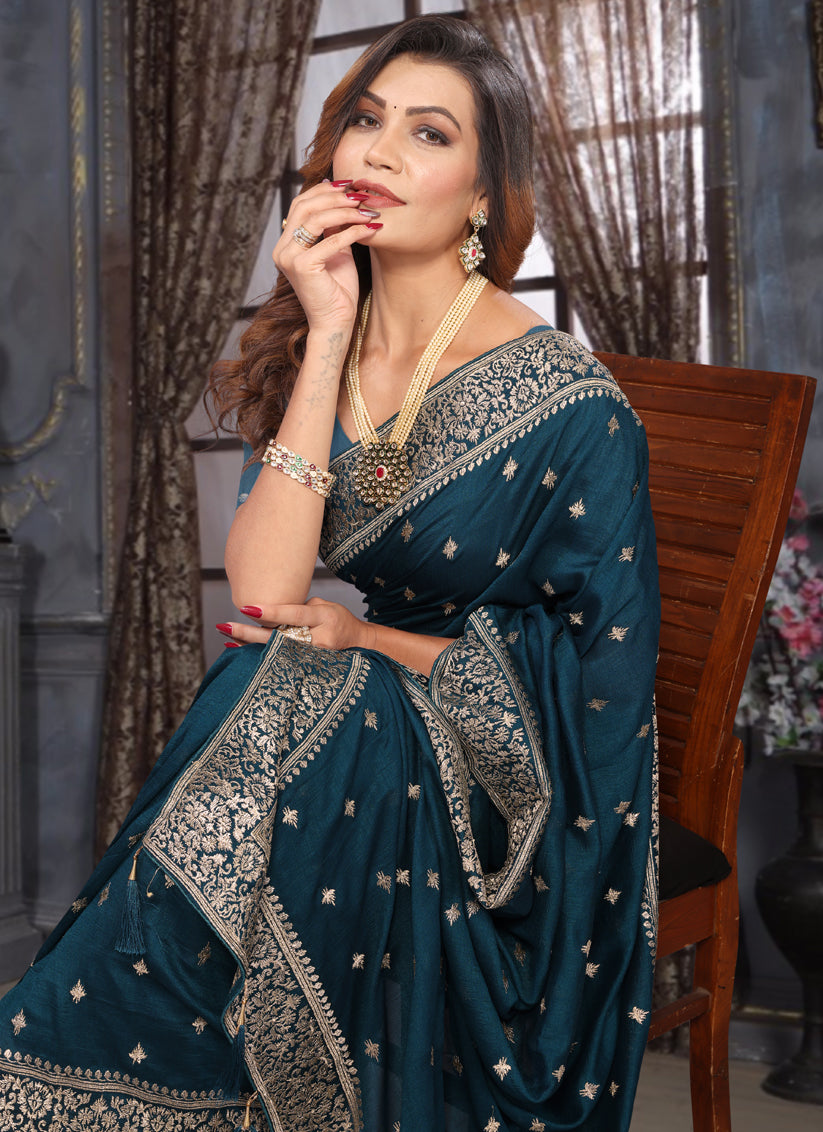 Prussian Blue Silk Georgette Embroidered Saree