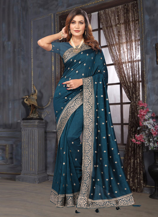 Prussian Blue Silk Georgette Embroidered Saree