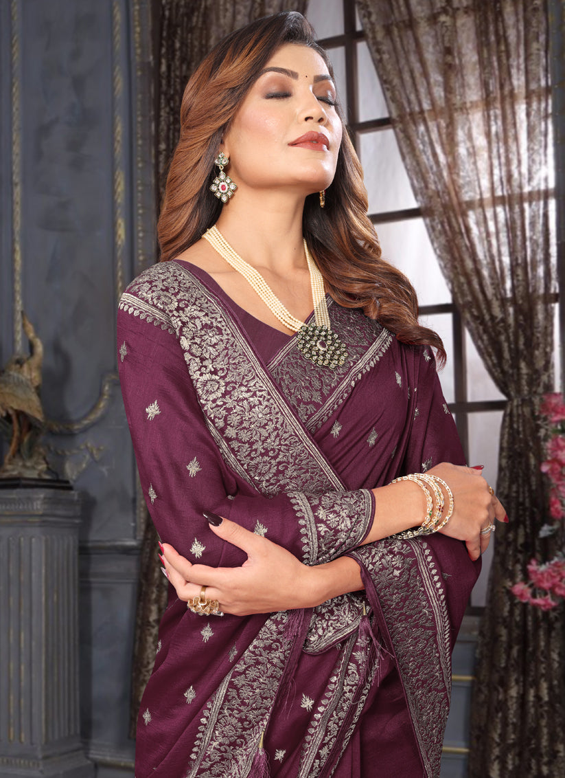 Burgundy Silk Georgette Embroidered Saree