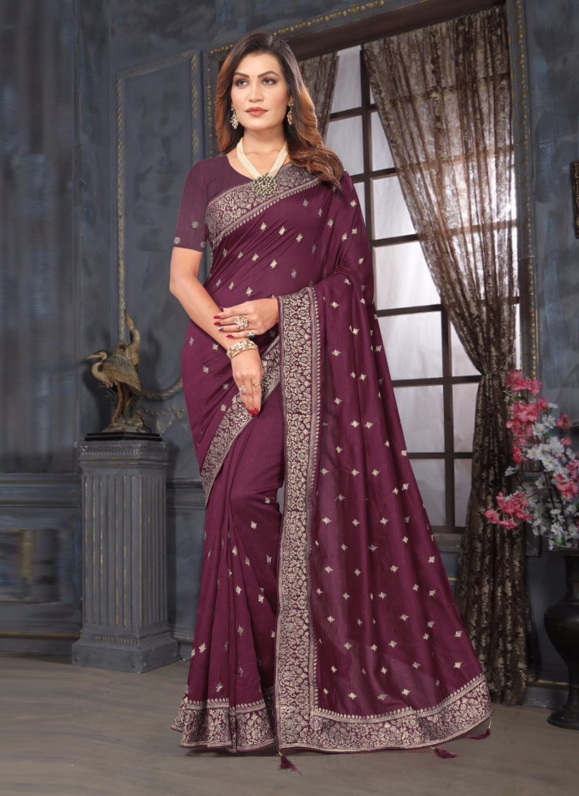 Burgundy Silk Georgette Embroidered Saree