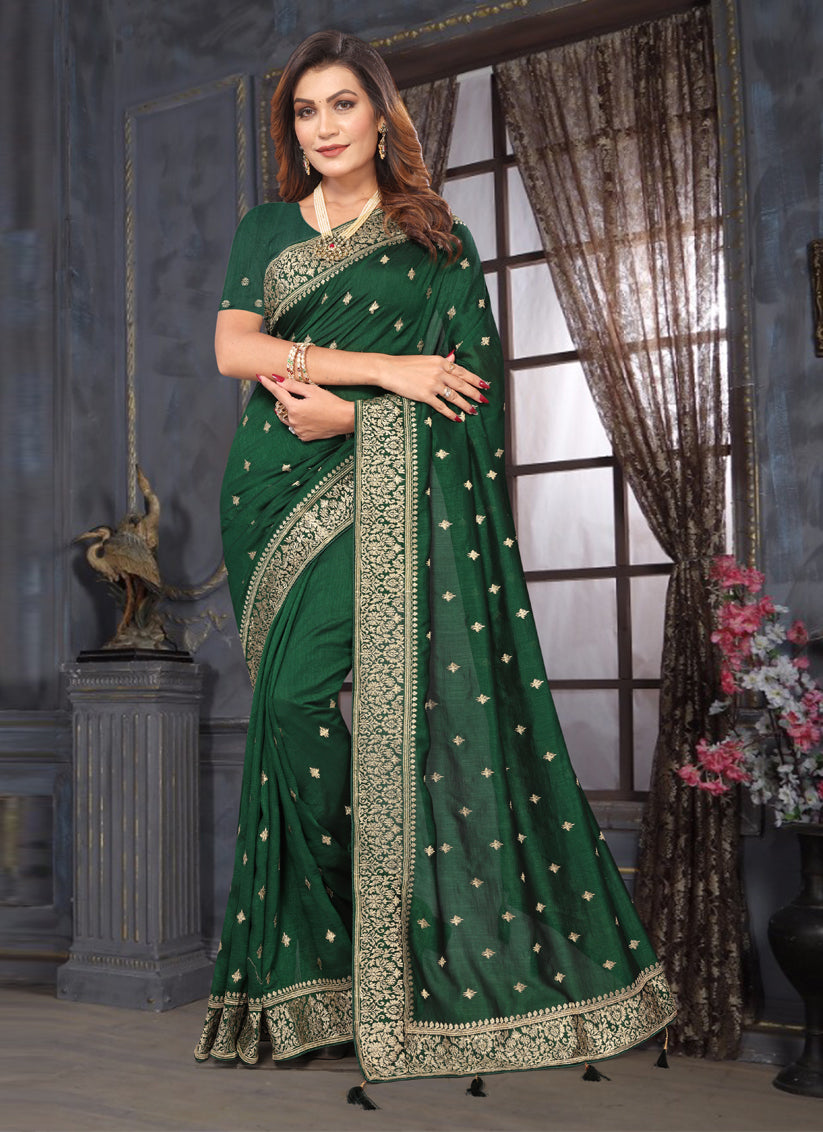 Forest Green Silk Georgette Embroidered Saree