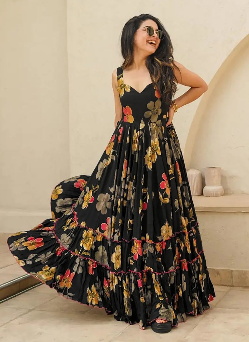 Black Rayon Digital Printed Flared Gown