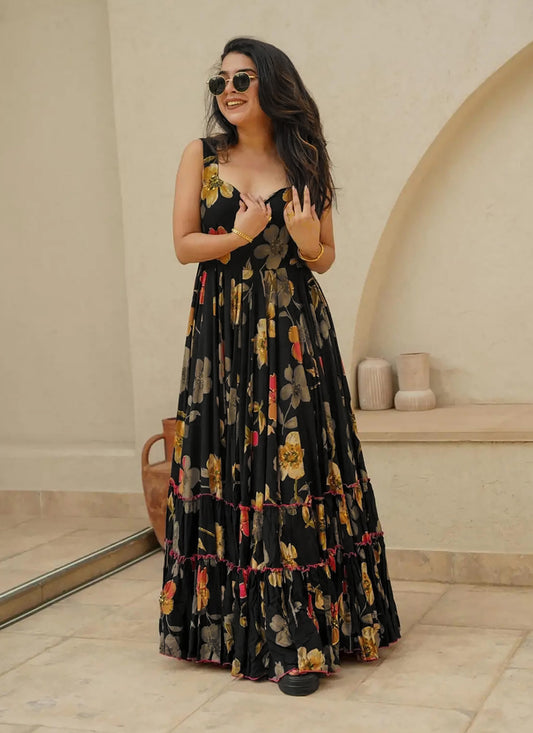 Black Rayon Digital Printed Flared Gown