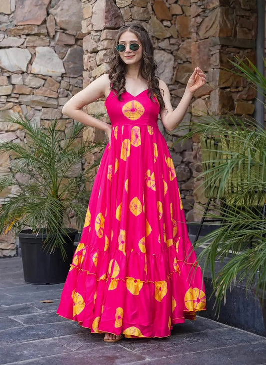 Rani Pink Rayon Digital Printed Flared Gown