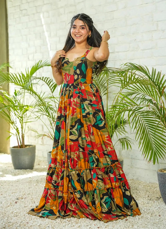 Multicolor Rayon Digital Printed Flared Gown