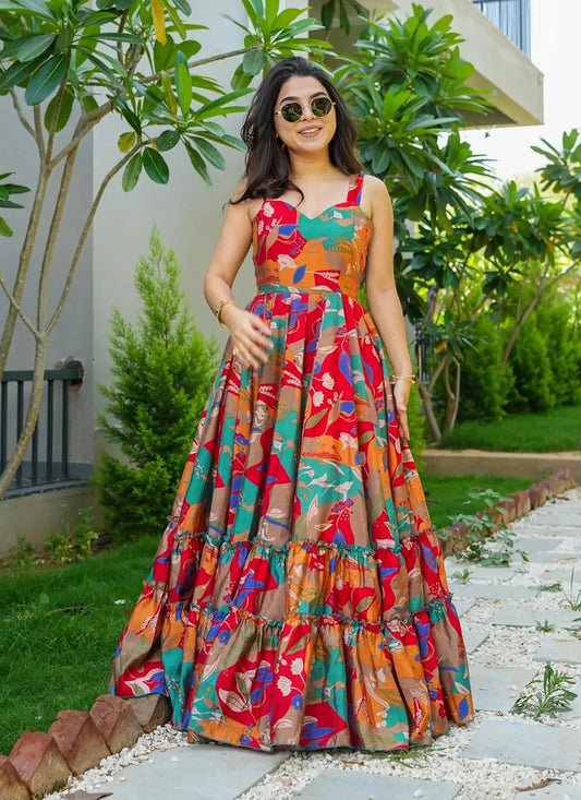 Multicolor Rayon Digital Printed Flared Gown