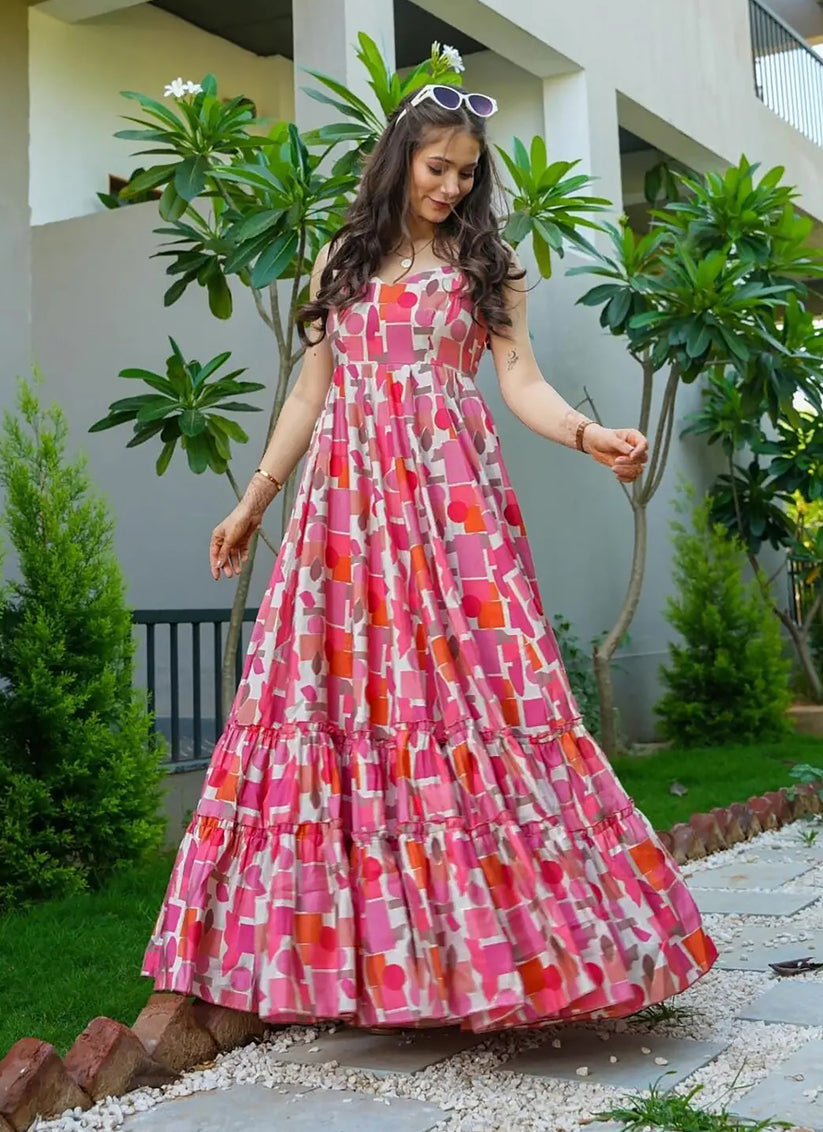 Multicolor Rayon Digital Printed Flared Gown