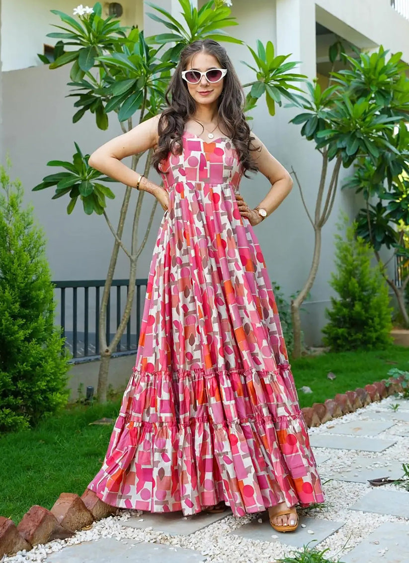 Multicolor Rayon Digital Printed Flared Gown