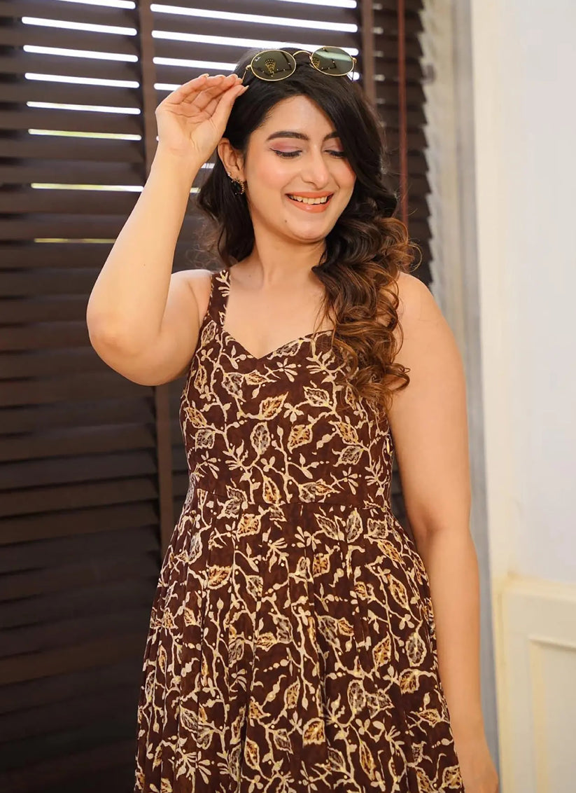 Coffee Brown Rayon Digital Printed Flared Gown