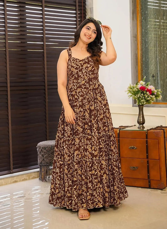 Coffee Brown Rayon Digital Printed Flared Gown